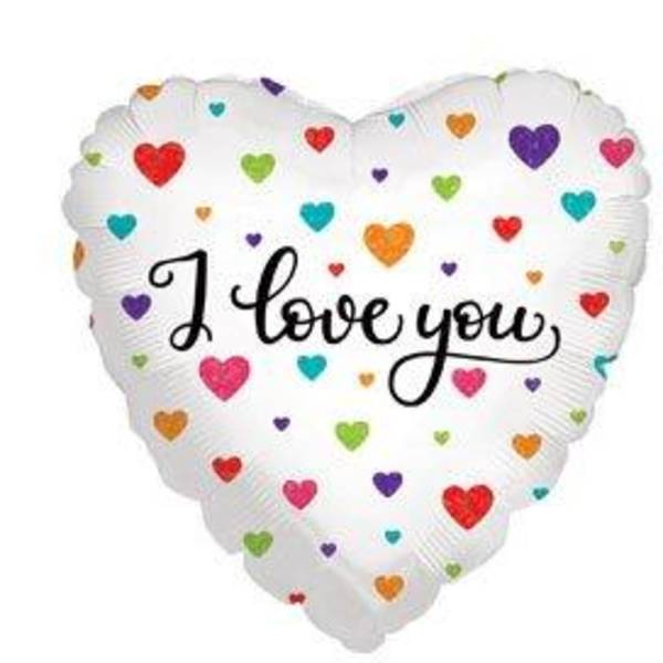 Heart-shaped balloon with multicolored hearts and the words "I love you"