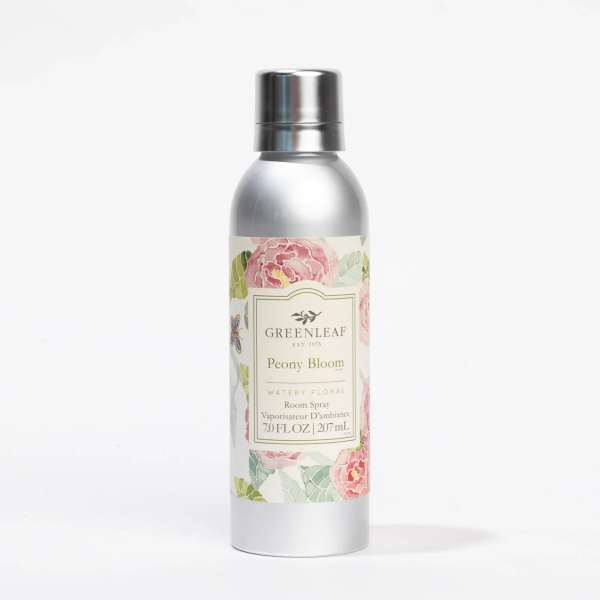 Silver room spray bottle with pink peony label