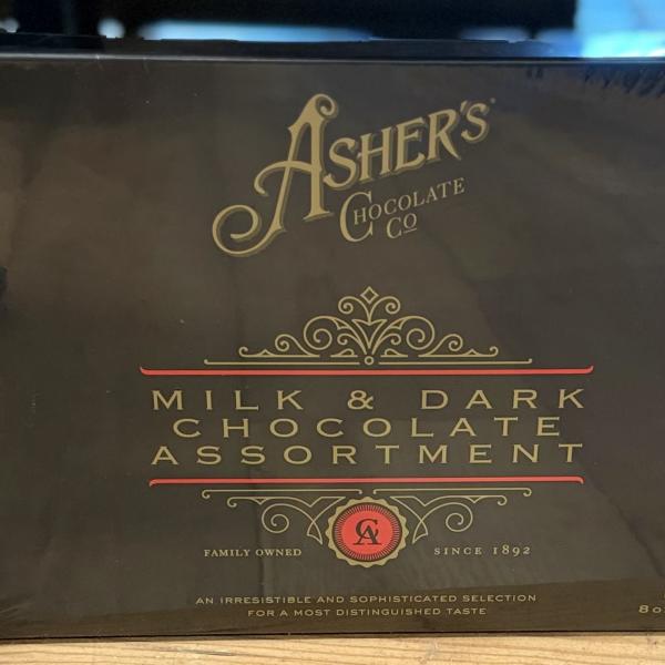 Box of Asher's milk and dark chocolate assortment