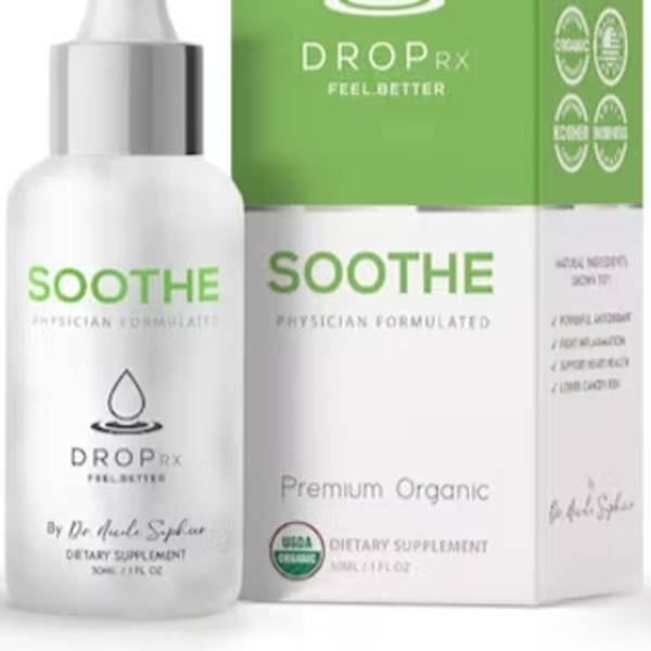 Dropper bottle and green product box labeled Soothe