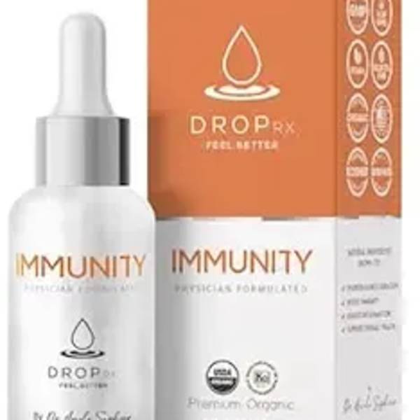 DropRx immunity supplement bottle beside its orange and white box