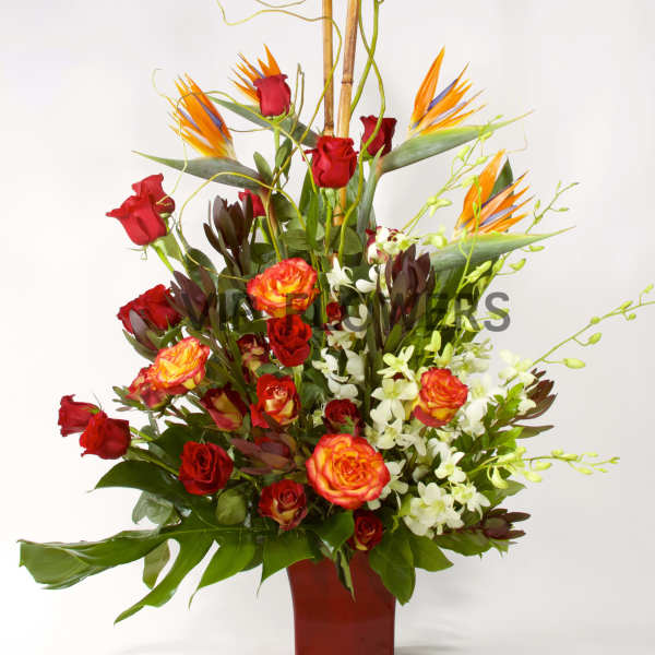 Tall floral arrangement with red roses, orange blooms, and white orchids in a red vase
