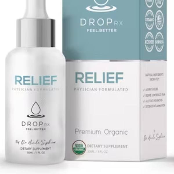 Dropper bottle and box of Relief dietary supplement
