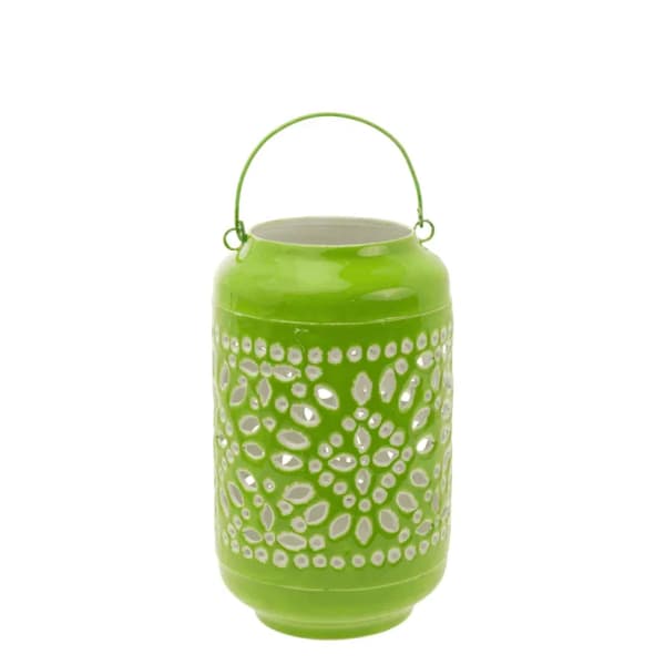 Green decorative lantern with a metal handle and cutout pattern