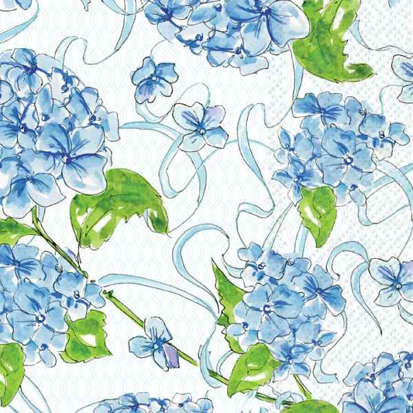 Blue hydrangea floral pattern on a white background