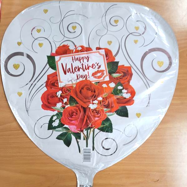 Heart-shaped balloon with red roses and a Happy Valentine's Day message