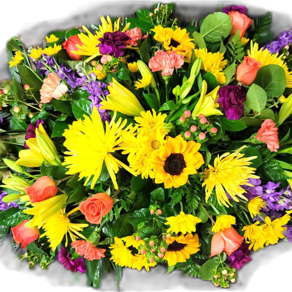 Bright mixed bouquet with yellow, orange, purple, and pink flowers