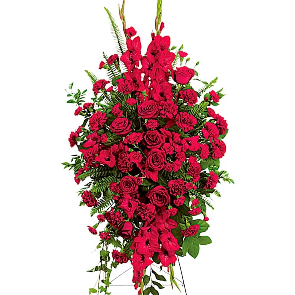 Tall red floral standing spray on an easel