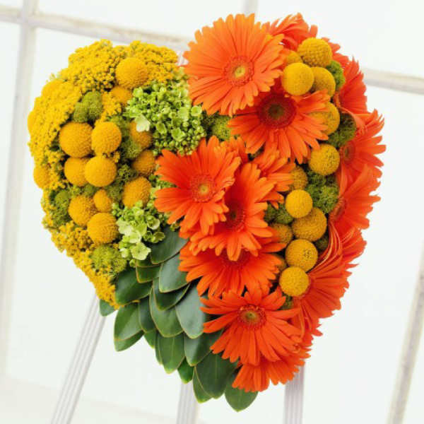 Heart-shaped bouquet of orange gerbera daisies and yellow billy balls