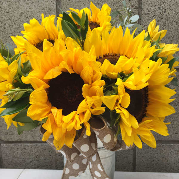 Bouquet of bright yellow sunflowers in a metal bucket with a polka-dot ribbon