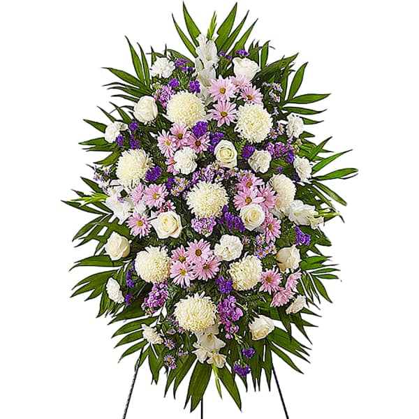 Standing floral spray with white, pink, and purple flowers