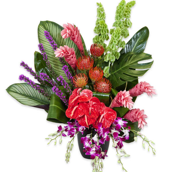 Tropical flower arrangement in a black vase with orchids and red blooms