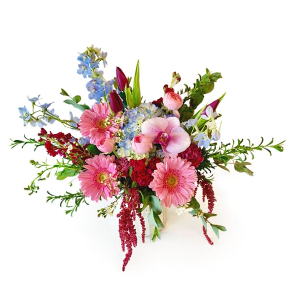Pink and blue mixed bouquet with gerbera daisies and orchids