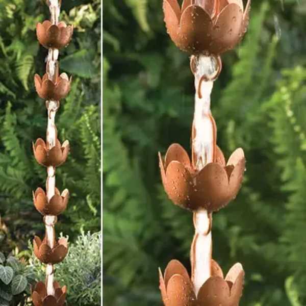 Copper-colored hanging garden ornament with stacked flower-shaped cups