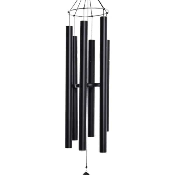 Tall black metal wind chime with multiple tubular chimes hanging in a cluster