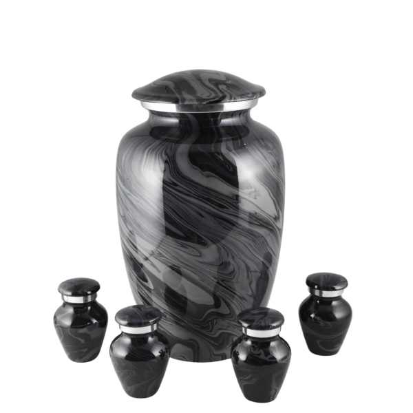 Black marbled urn with four matching small keepsake urns