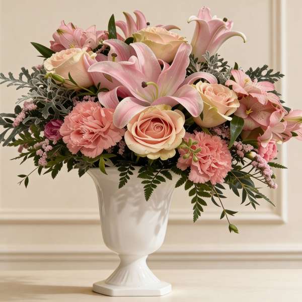 Pink lilies, roses, and carnations arranged in a white pedestal vase