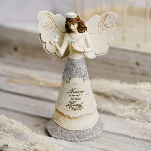 Decorative angel figurine holding a small bird