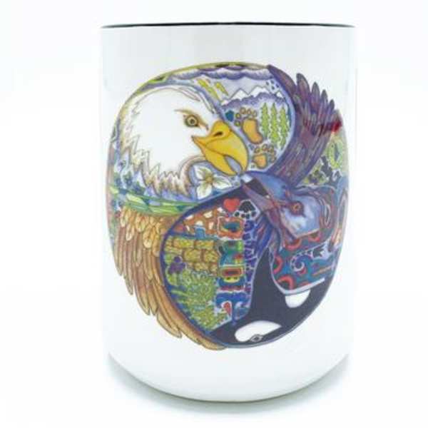White ceramic mug with a colorful eagle illustration