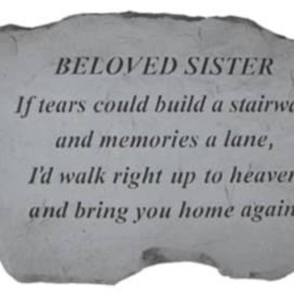 Memorial plaque reading "Beloved Sister" with a sympathy verse