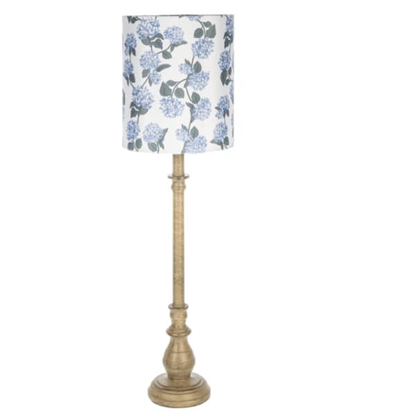 Tall floor lamp with a blue floral shade and gold base