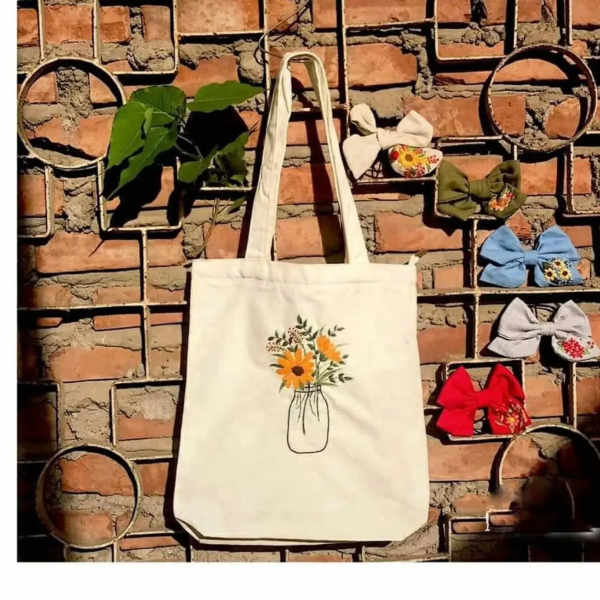 Daisy Vase Embroidery Canvas Tote Bag
