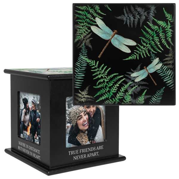 Black memorial box with dragonfly and fern designs and photo panels