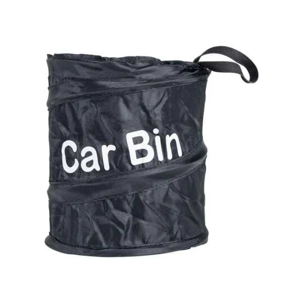 Black fabric car bin with a strap handle and white text