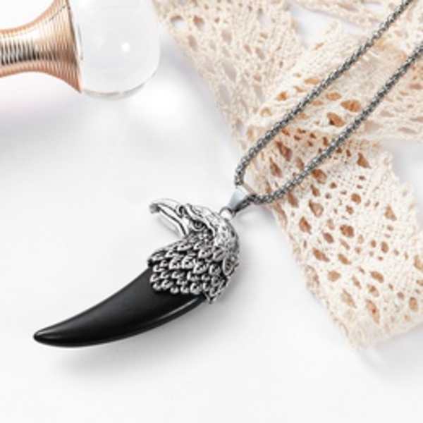 Black horn pendant necklace with silver chain and lace background