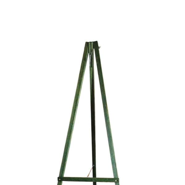 Green metal easel stand on a white background