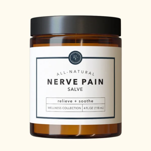 Amber jar of nerve pain salve with a black lid and white label