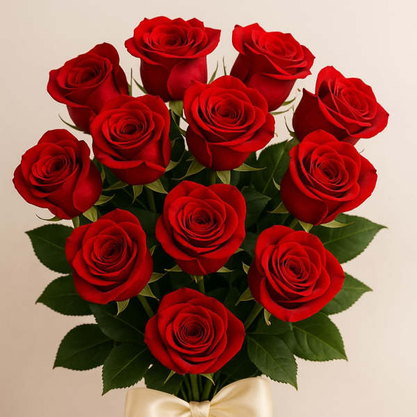 Bouquet of red roses tied with a cream ribbon