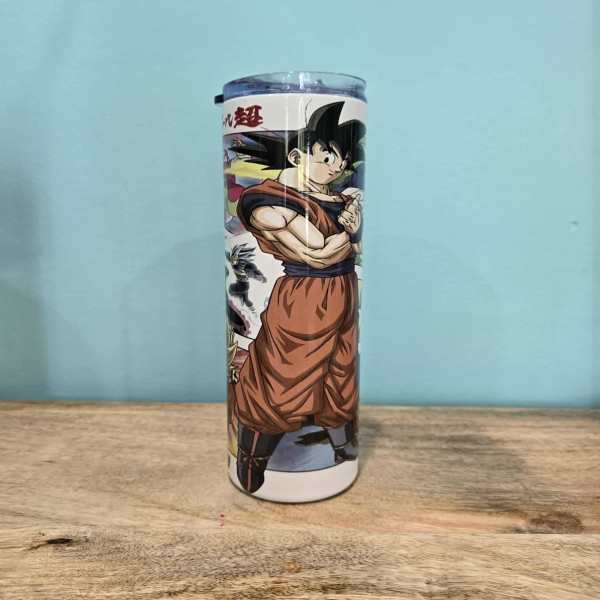Anime character tumbler with a clear lid on a wooden surface