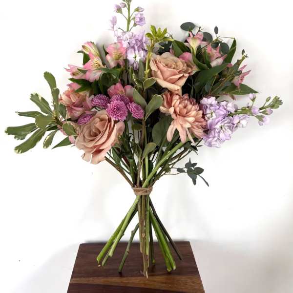 Bouquet of blush roses, pink alstroemeria, and lavender flowers