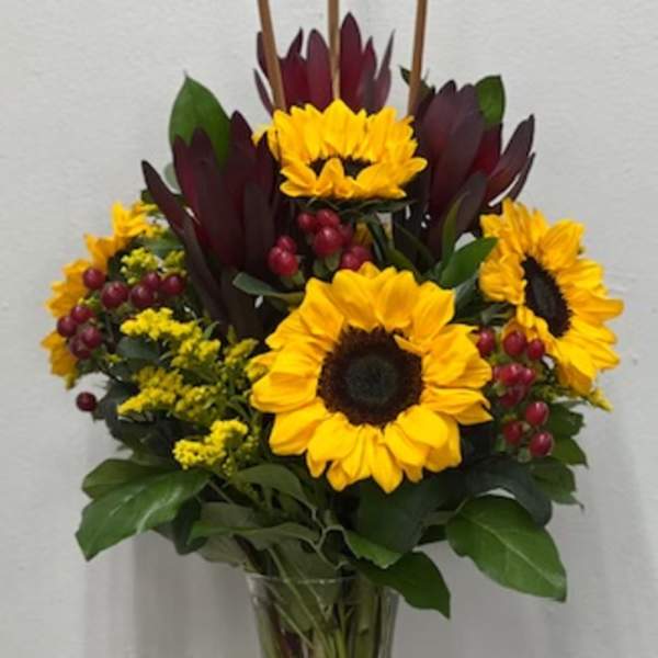 Bouquet of yellow sunflowers with dark burgundy flowers in a clear vase