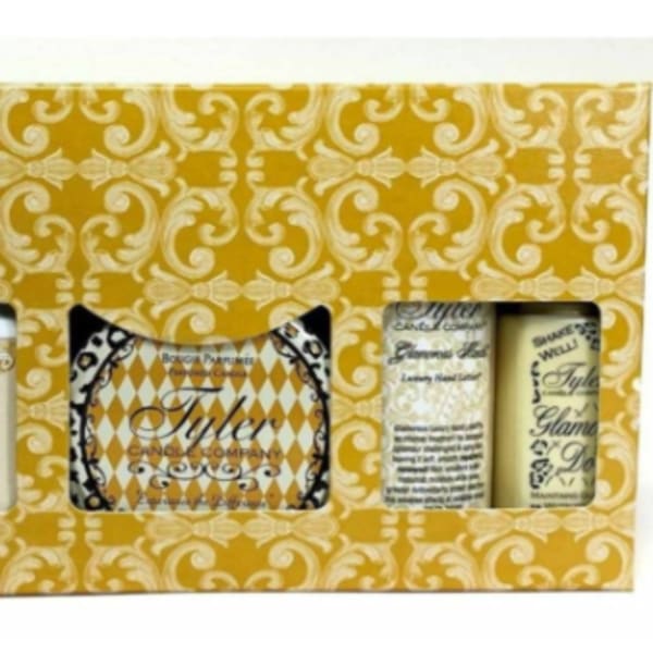 Gold patterned gift set with wash, candle, and lip balm