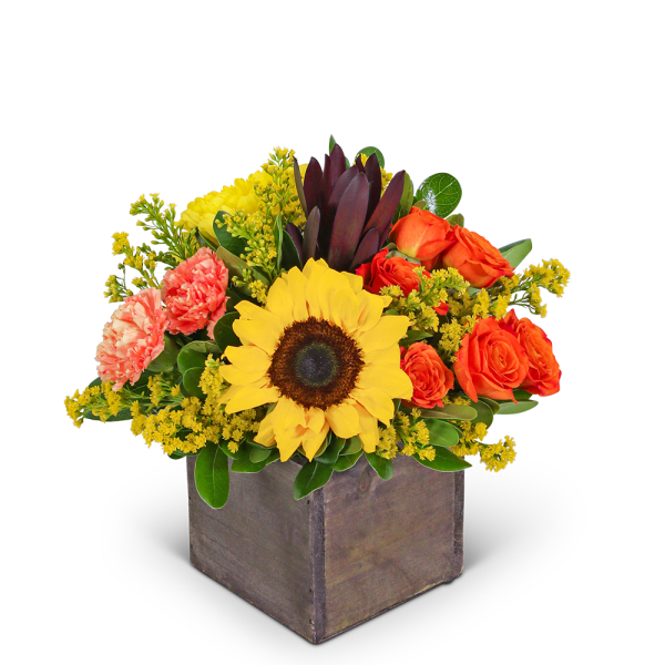 Sunflower and orange rose arrangement in a square wooden box