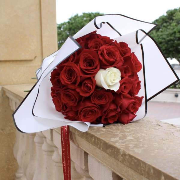 Bouquet of red roses with one white rose in white wrapping