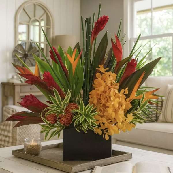 Tropical flower arrangement in a black square vase with red, orange, and green blooms