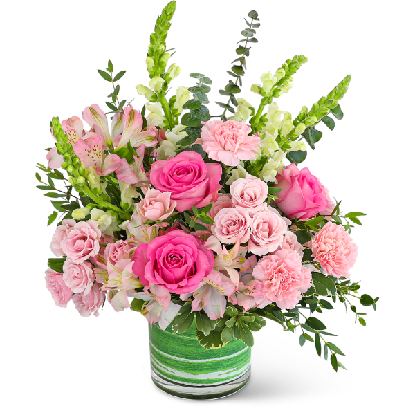 Pink roses and carnations in a green striped vase