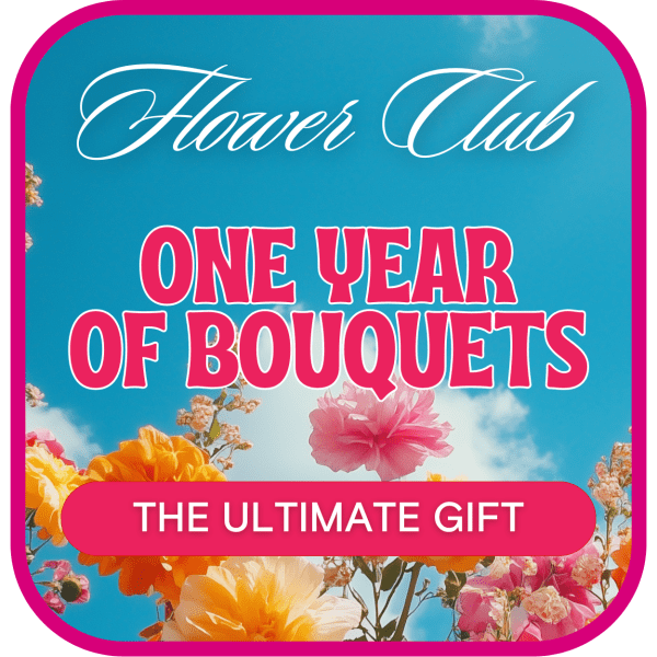 Promotional graphic with colorful flowers and the text "Flower Club" and "ONE YEAR OF BOUQUETS"