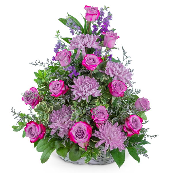Pink roses and lavender chrysanthemums in a white basket