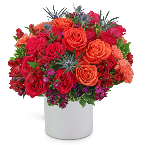Bright bouquet of red and orange roses in a white vase