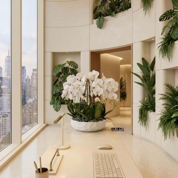 Low white bowl of cascading white orchids on a modern office desk with city skyline in the background