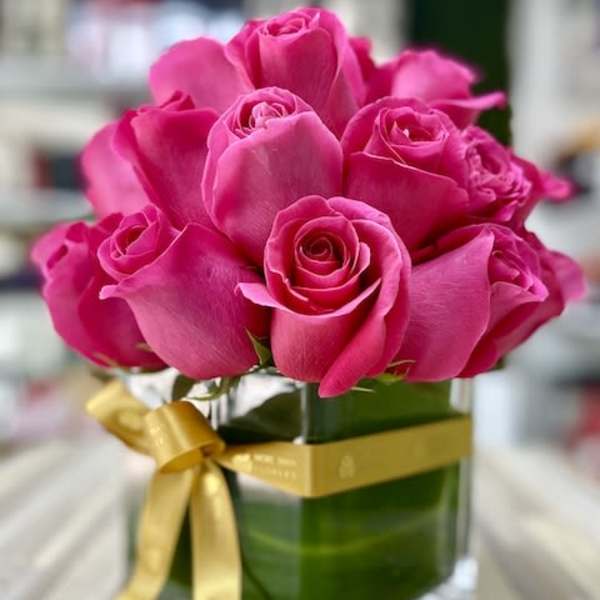Hot pink roses arranged in a clear glass cube vase wrapped with a gold ribbon