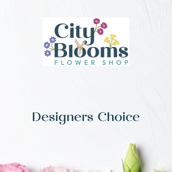 City Blooms Flower Shop logo above pastel lisianthus blooms and "Designers Choice" text