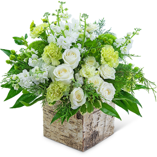 White roses and pale green carnations in a birch box