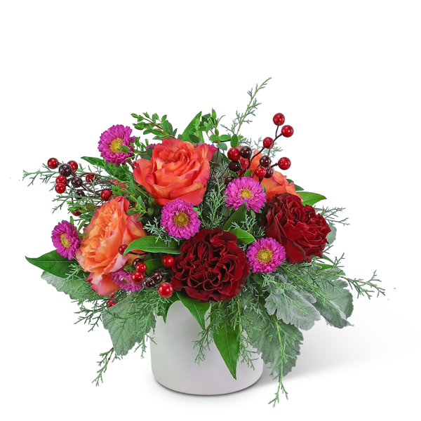 Bouquet of orange and red roses with purple daisies in a white vase