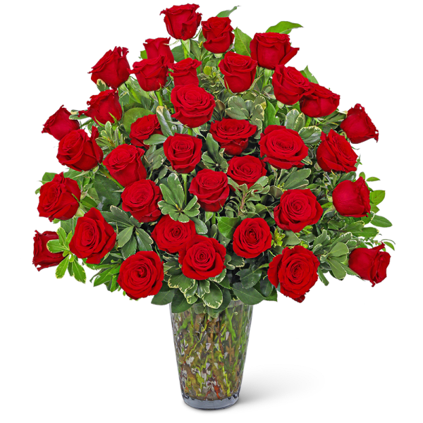 Bouquet of red roses in a clear glass vase