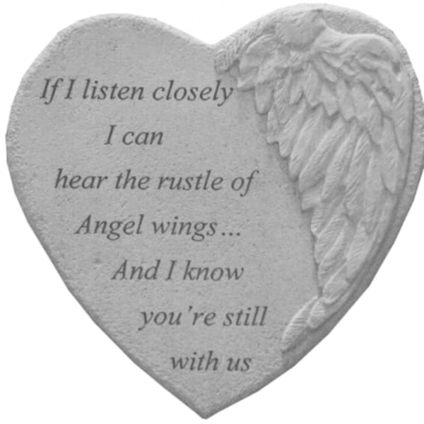 Heart-shaped memorial plaque with angel wings and engraved text